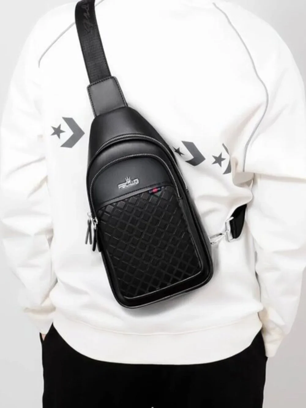 Men's Black Leather Chest Bag Water Resistant Sling Crossbody Backpack